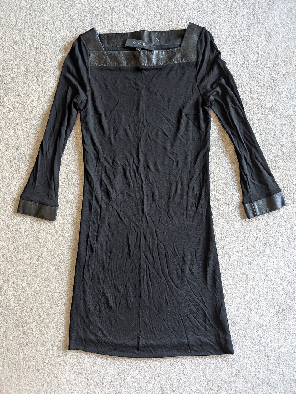 Gucci Black Long-Sleeve Square Neck Leather Cuff Shift Dress Luxury Cocktail - Picture 2 of 8